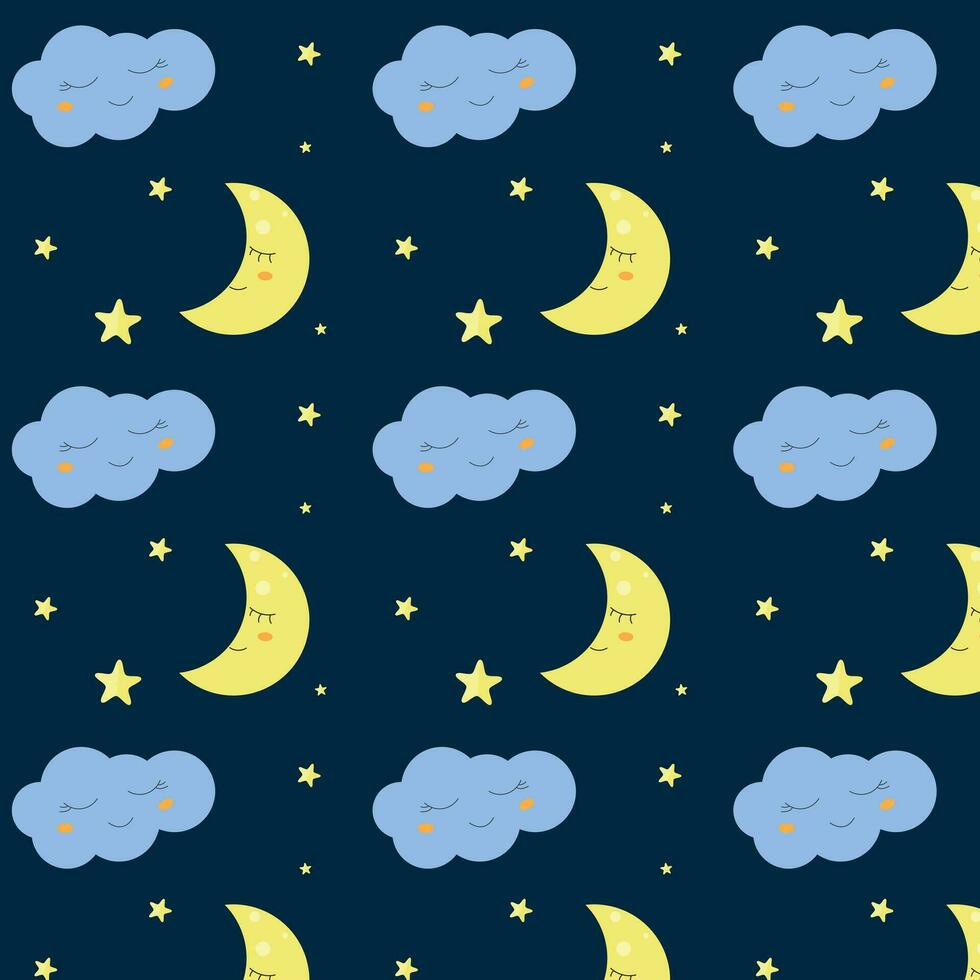 Pattern with clouds and crescent in cartoon style vector