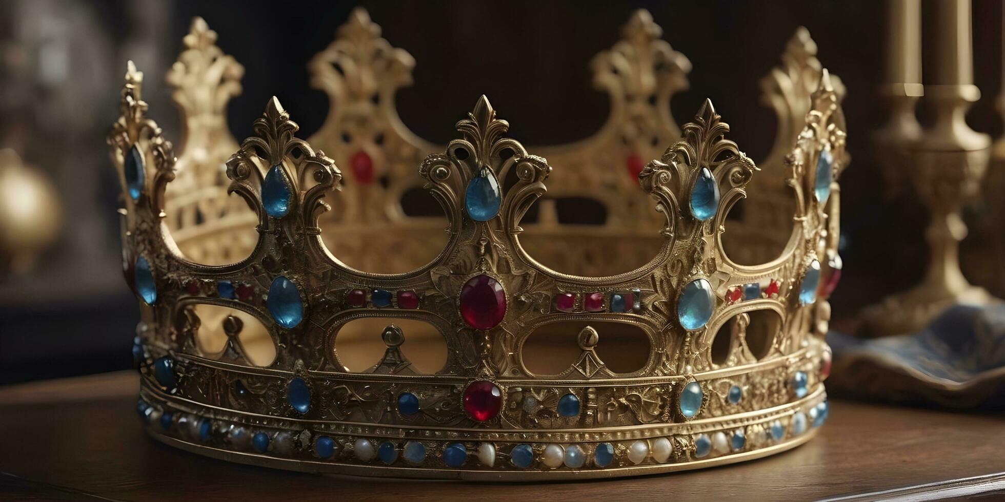 a realistic crown sits on top of a wooden table ai generated photo