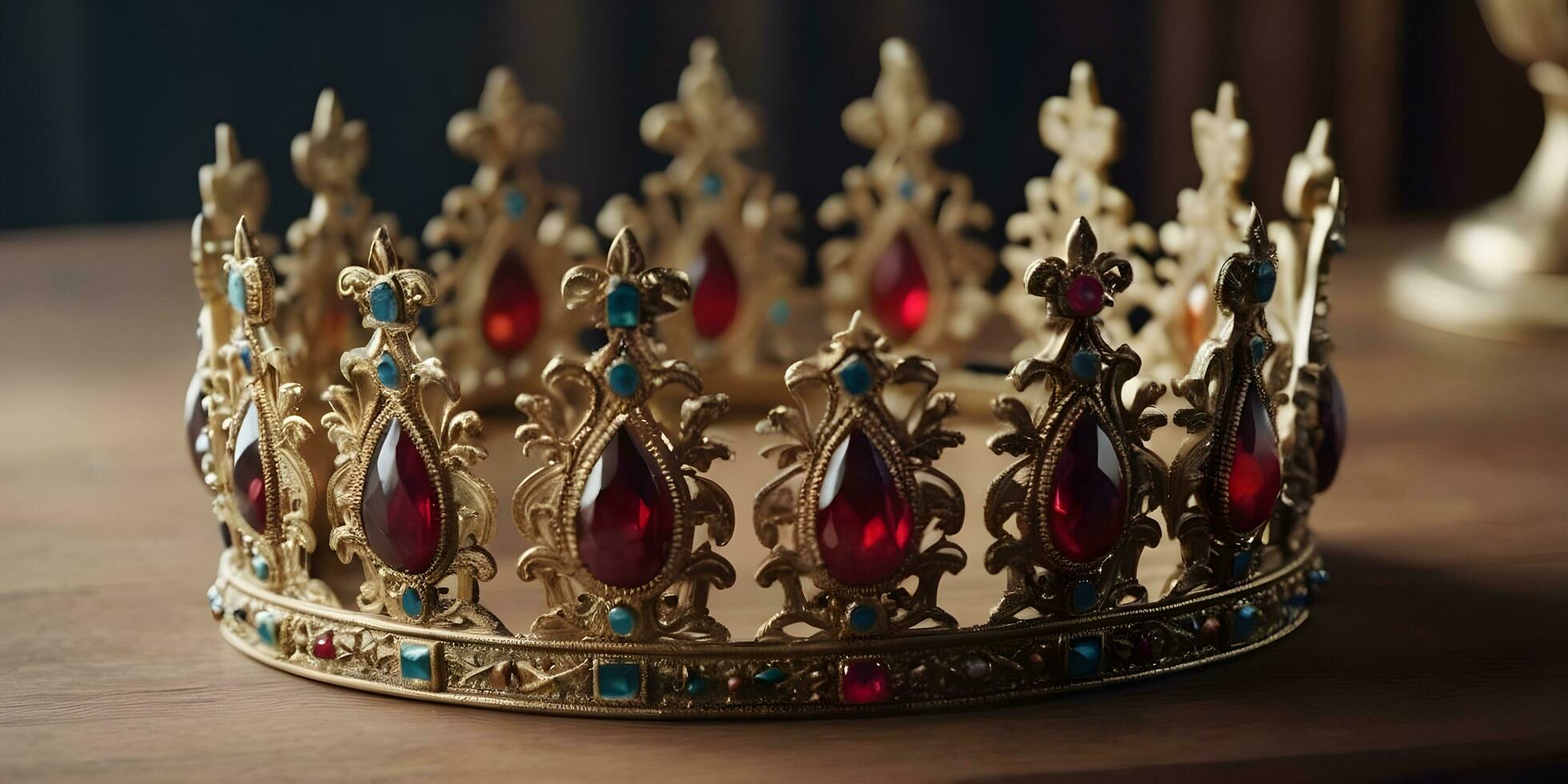 a realistic crown sits on top of a wooden table ai generated photo