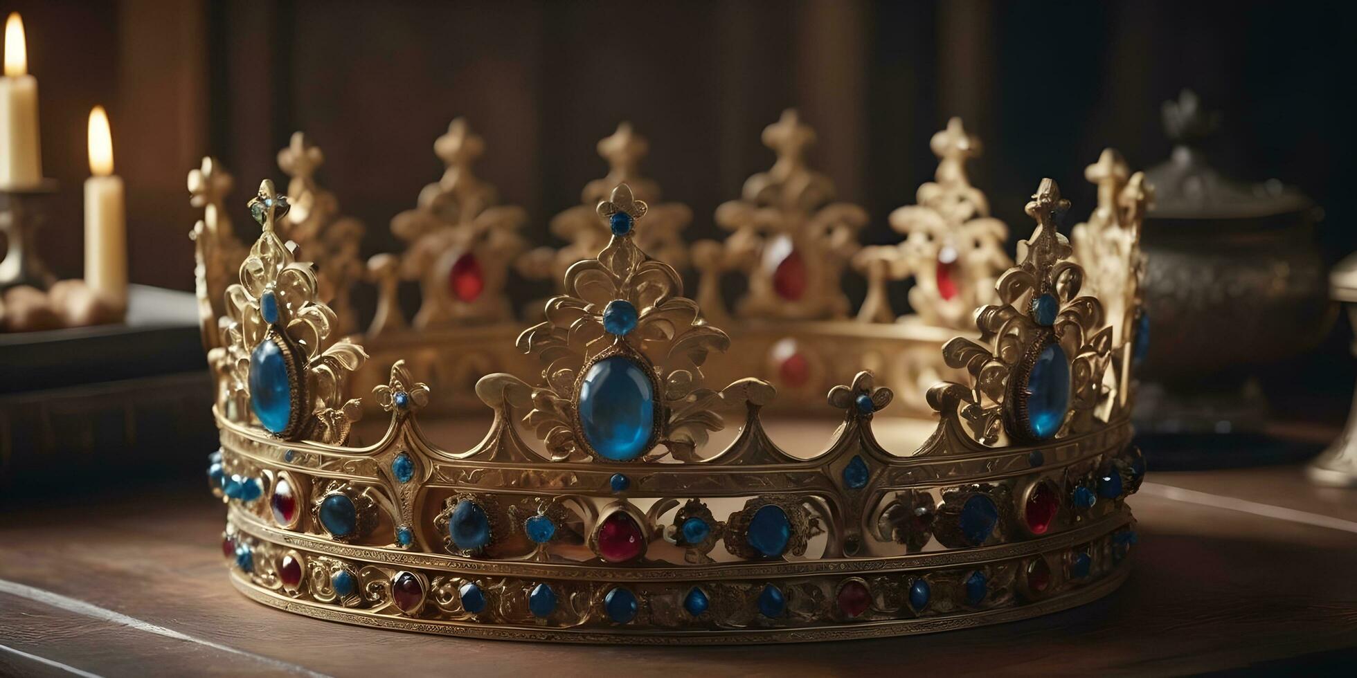 a realistic crown sits on top of a wooden table ai generated photo