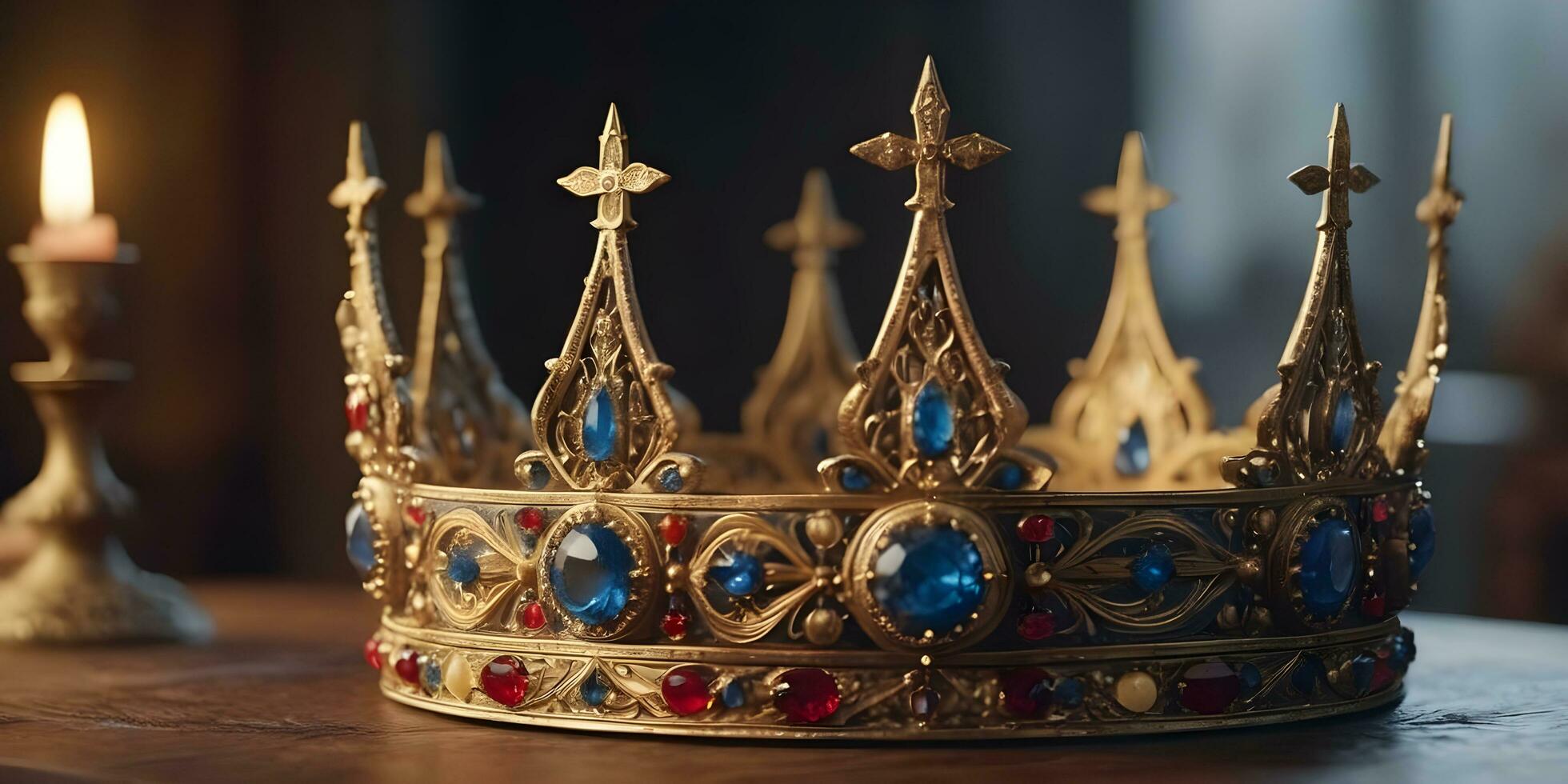 a realistic crown sits on top of a wooden table ai generated photo