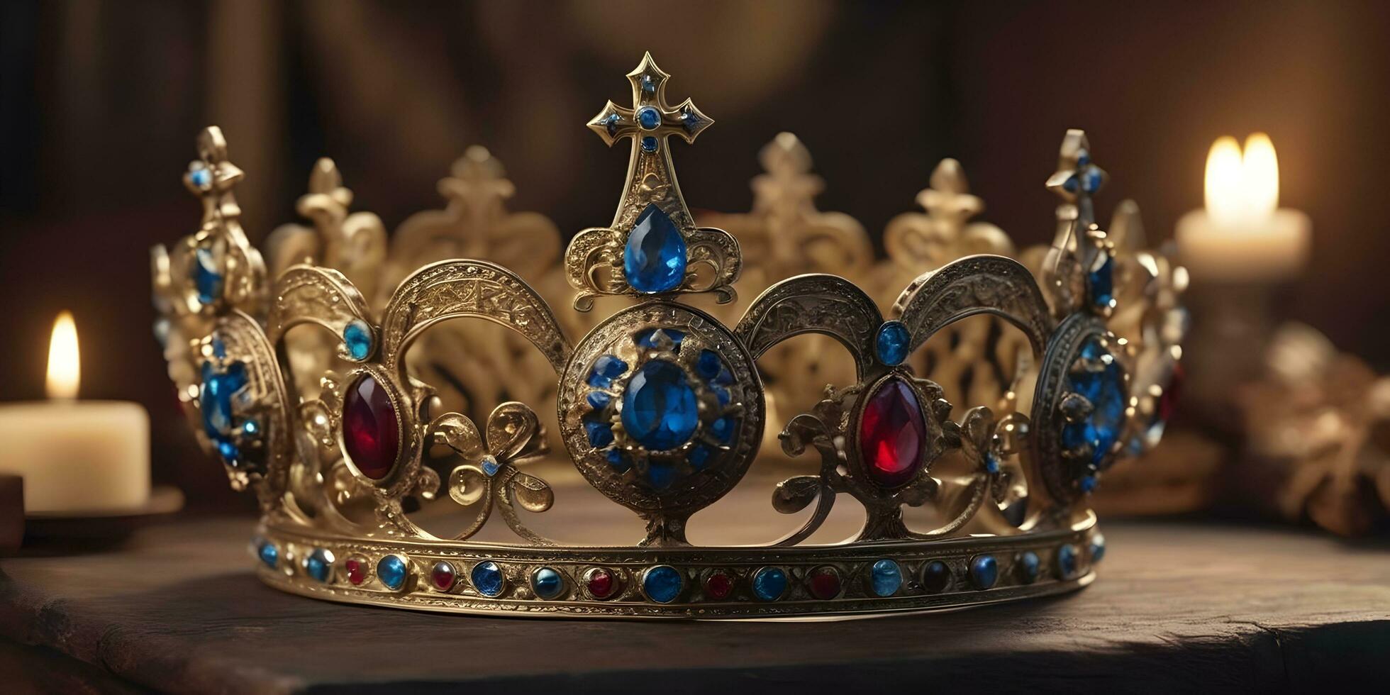 a realistic crown sits on top of a wooden table ai generated photo