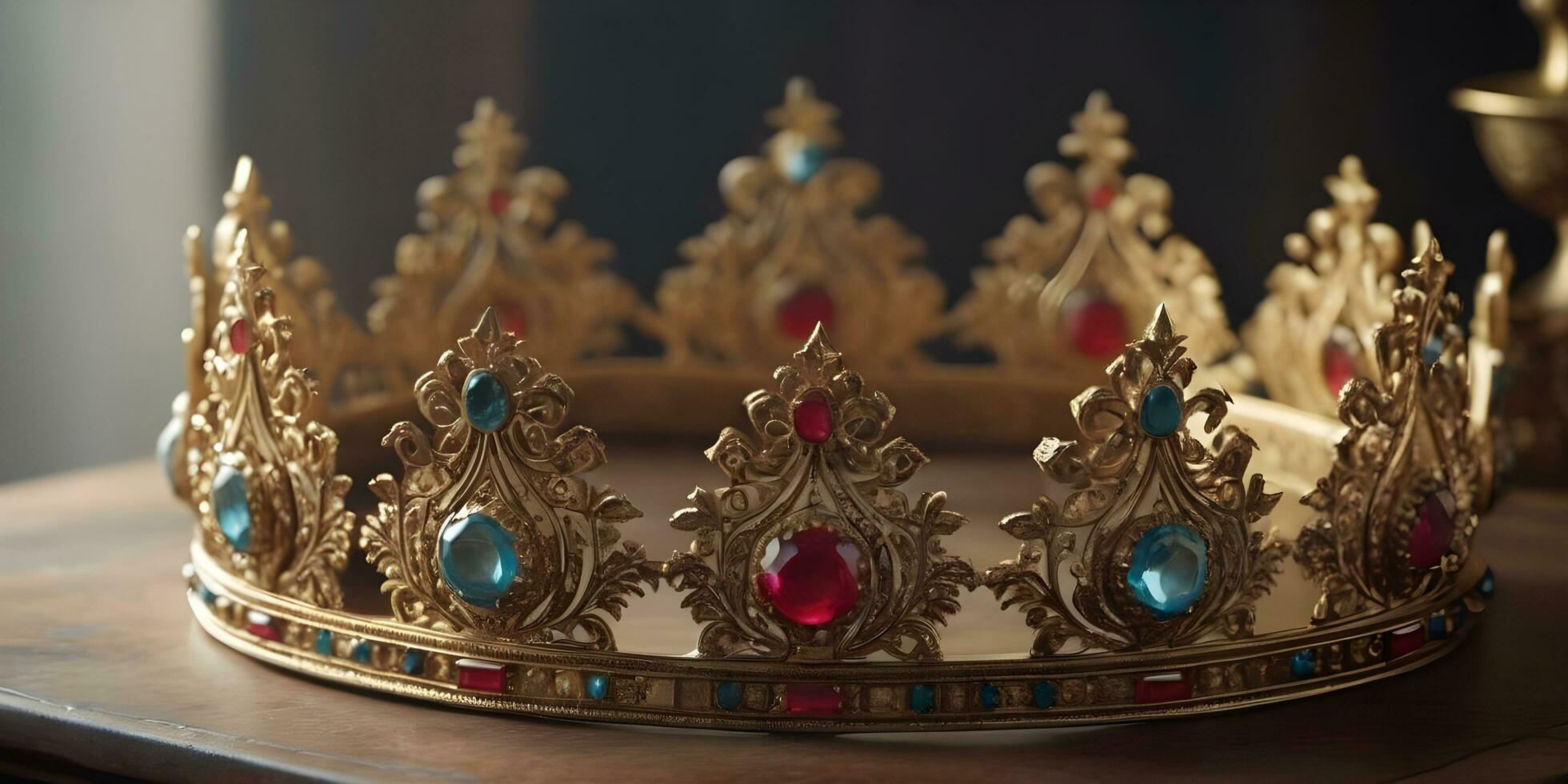 a realistic crown sits on top of a wooden table ai generated photo