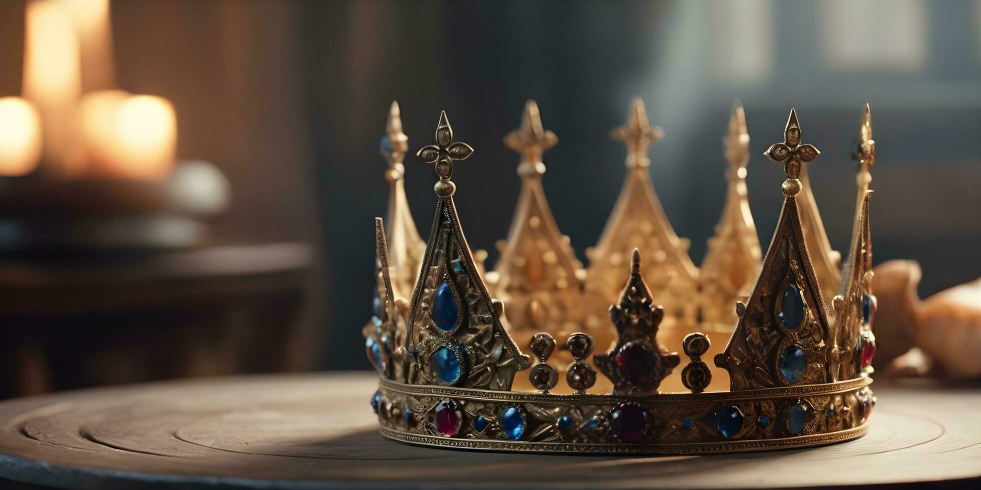 a realistic crown sits on top of a wooden table ai generated photo