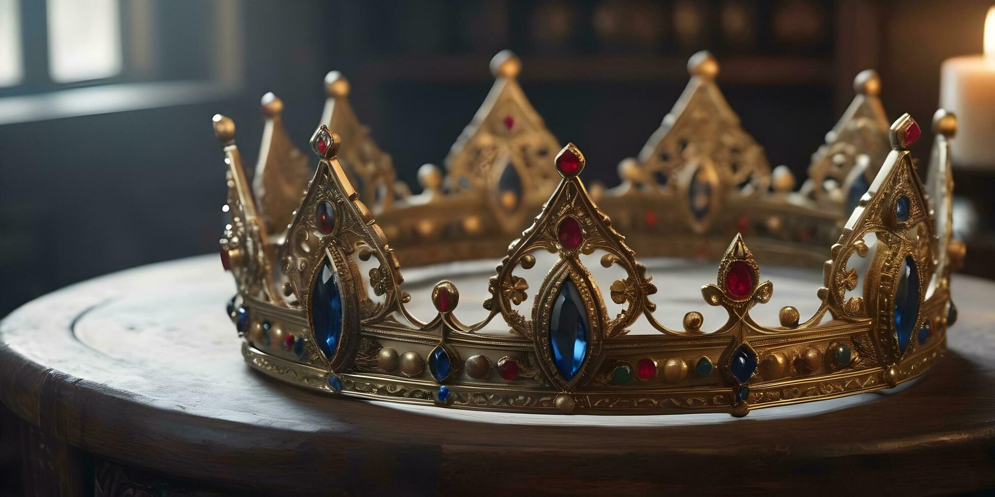 a realistic crown sits on top of a wooden table ai generated photo