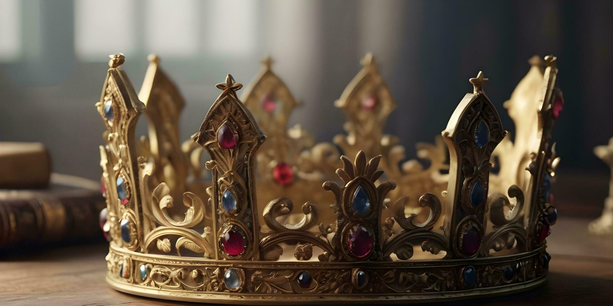 a realistic crown sits on top of a wooden table ai generated photo