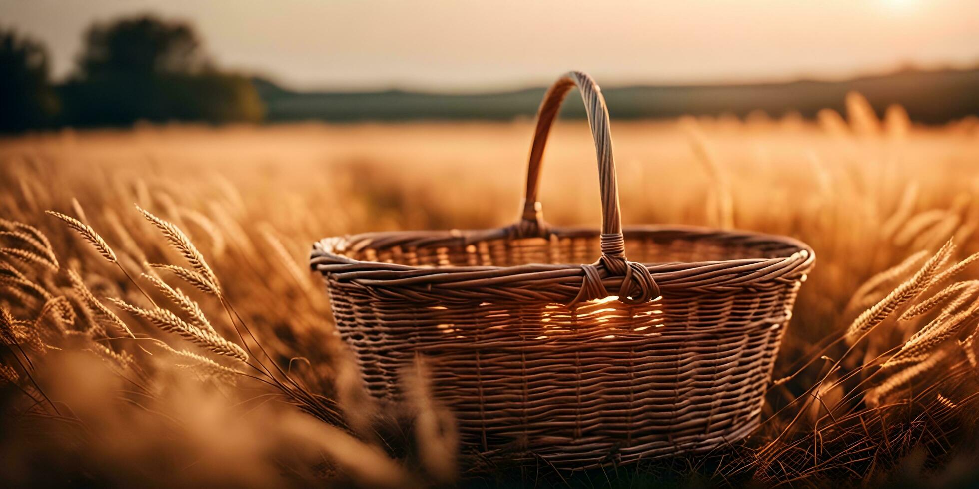 a realistic  basket is sitting in a field of wheat ai generated photo
