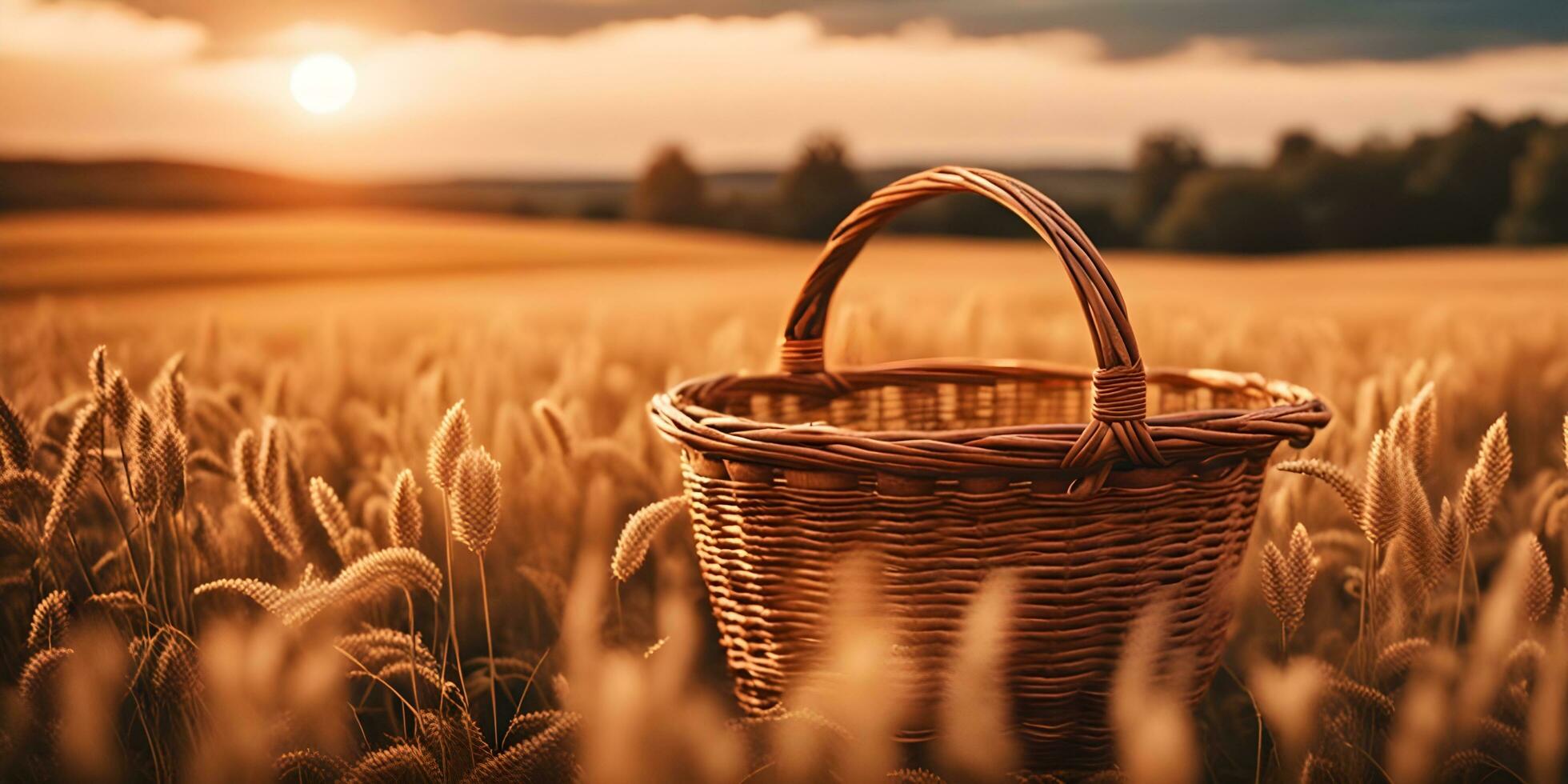 a realistic  basket is sitting in a field of wheat ai generated photo