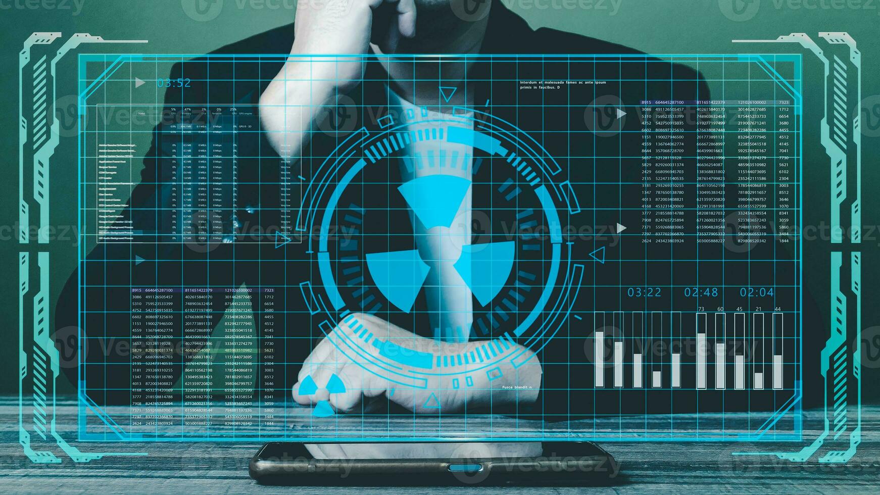 Male entrepreneurs use cutting-edge technologies like AI, data analytics, and 5G to drive business success, growth, and innovation through their mobile phones in an AR workroom. photo
