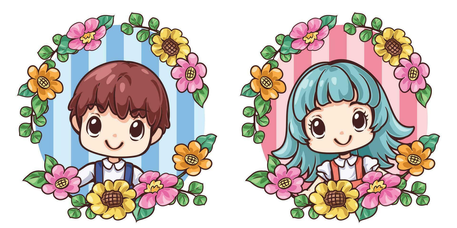 Kawaii kid and flower frame vector