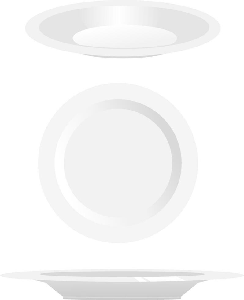 set of white empty porcelain, ceramic plate on top side front angle of view isolated transparent background vector