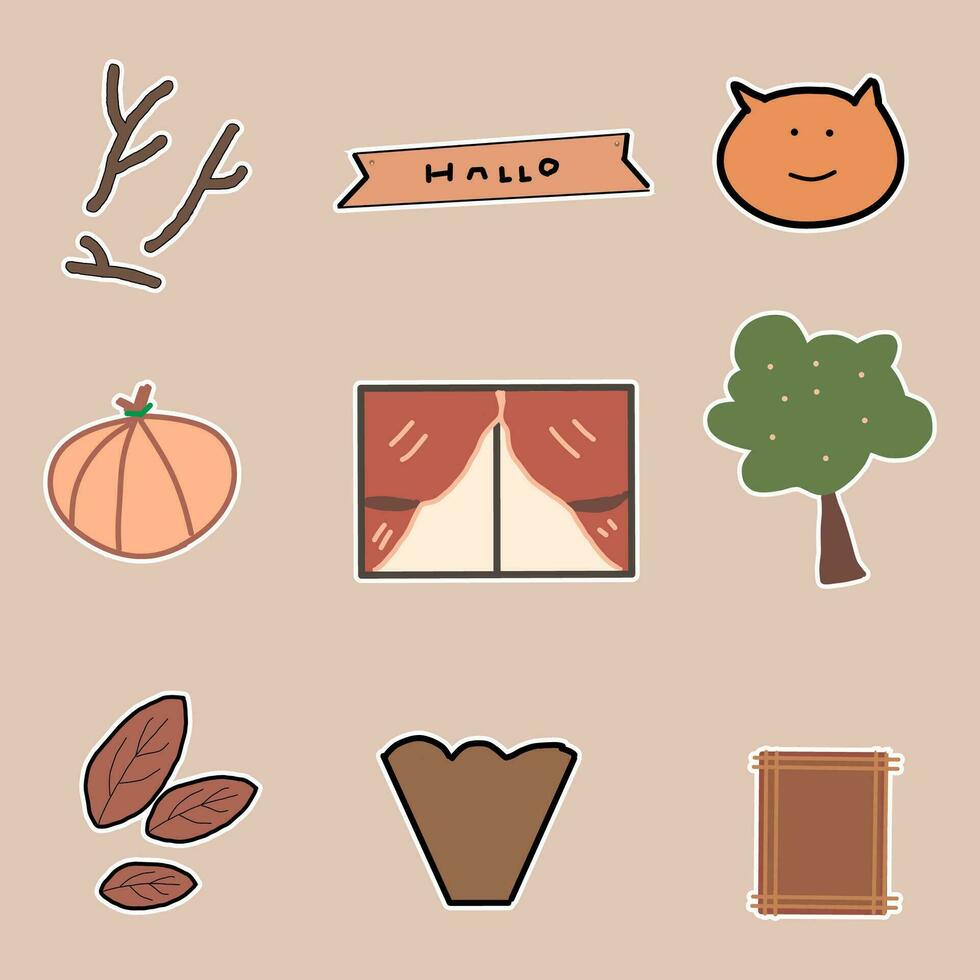 hand drawn illustration of cute autumn stickers vector
