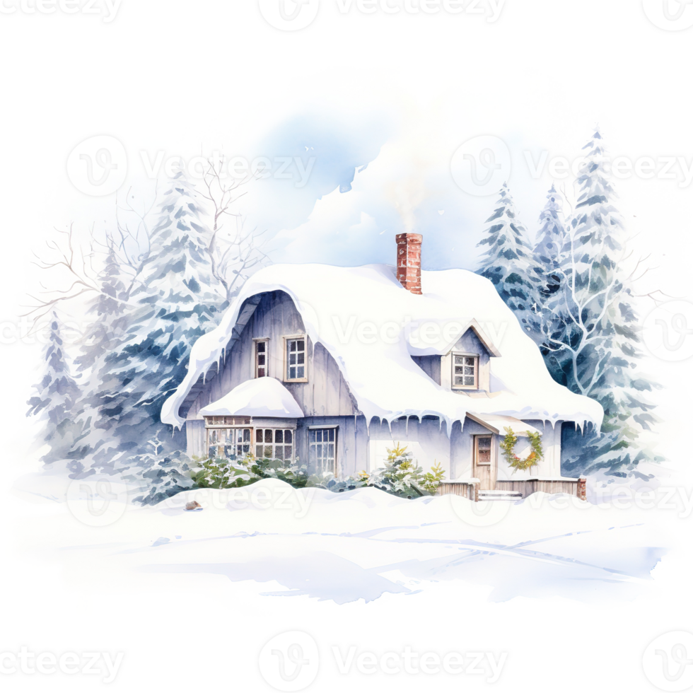 AI generated House on Snow Field For Christmas Event. Watercolor Style. AI Generated png