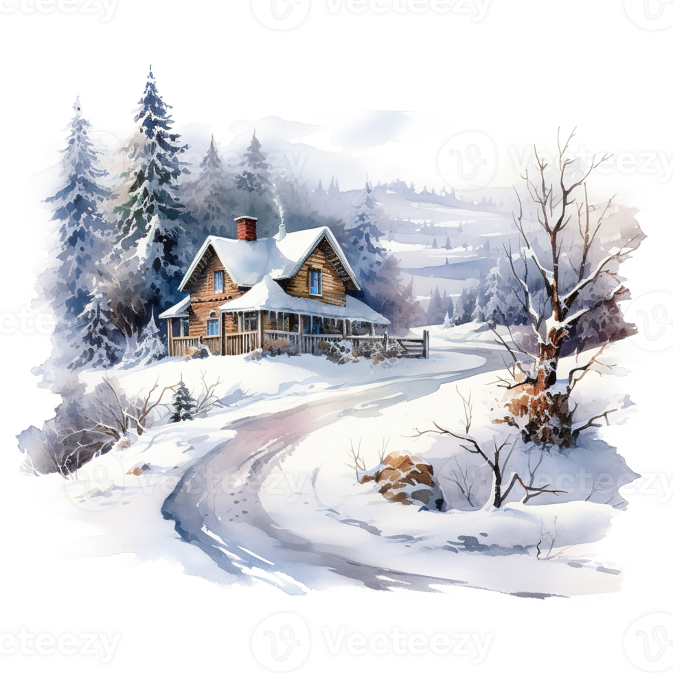 AI generated House on Snow Field For Christmas Event. Watercolor Style. AI Generated png