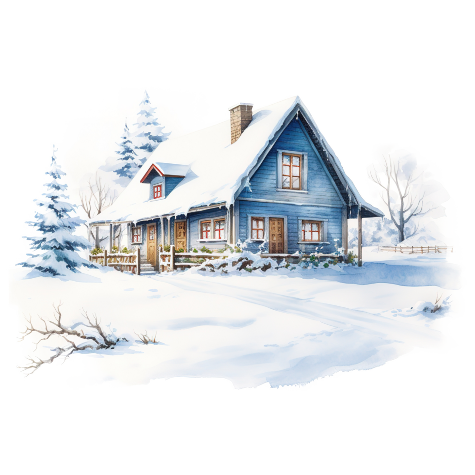 AI generated House on Snow Field For Christmas Event. Watercolor Style. AI Generated png