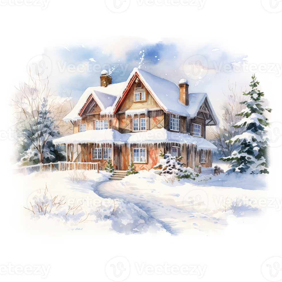 AI generated House on Snow Field For Christmas Event. Watercolor Style. AI Generated png