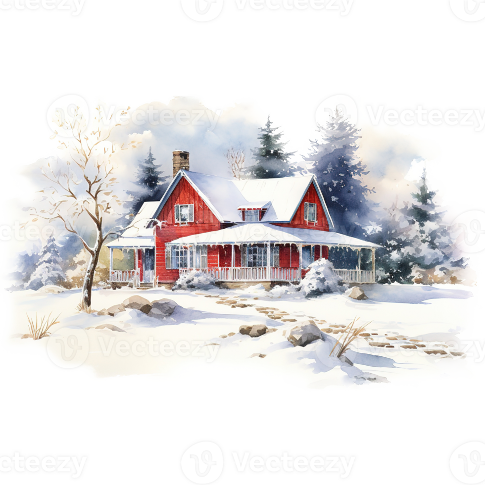 AI generated House on Snow Field For Christmas Event. Watercolor Style. AI Generated png