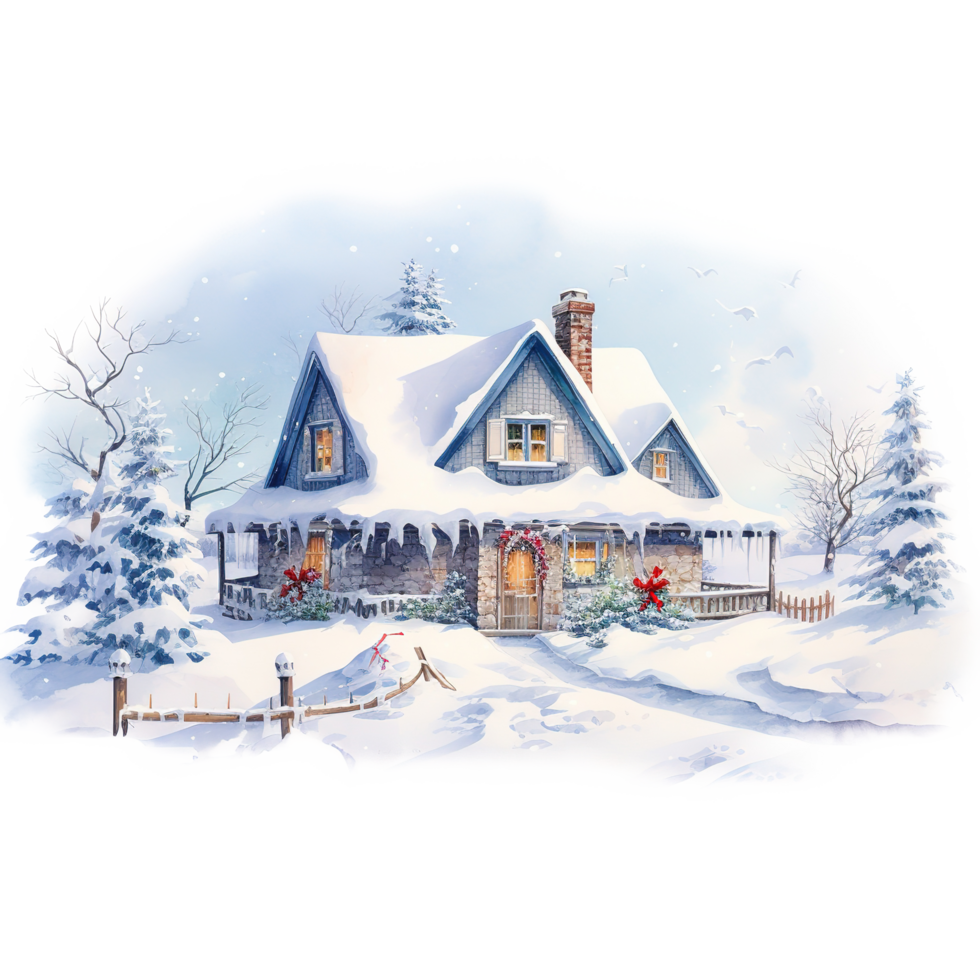 AI generated House on Snow Field For Christmas Event. Watercolor Style. AI Generated png