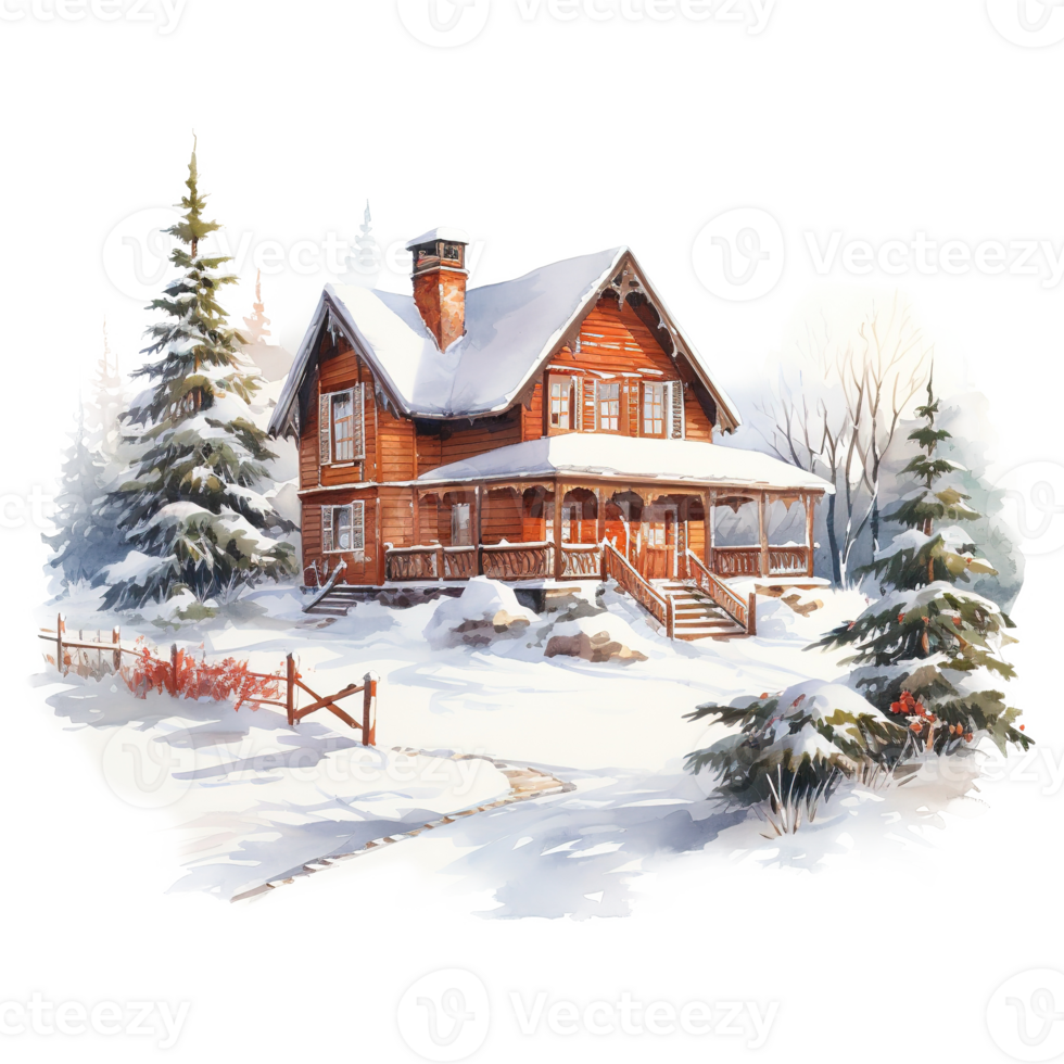 AI generated House on Snow Field For Christmas Event. Watercolor Style. AI Generated png