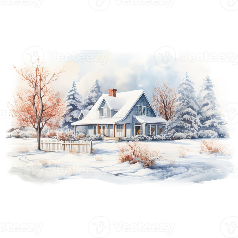 AI generated House on Snow Field For Christmas Event. Watercolor Style. AI Generated png