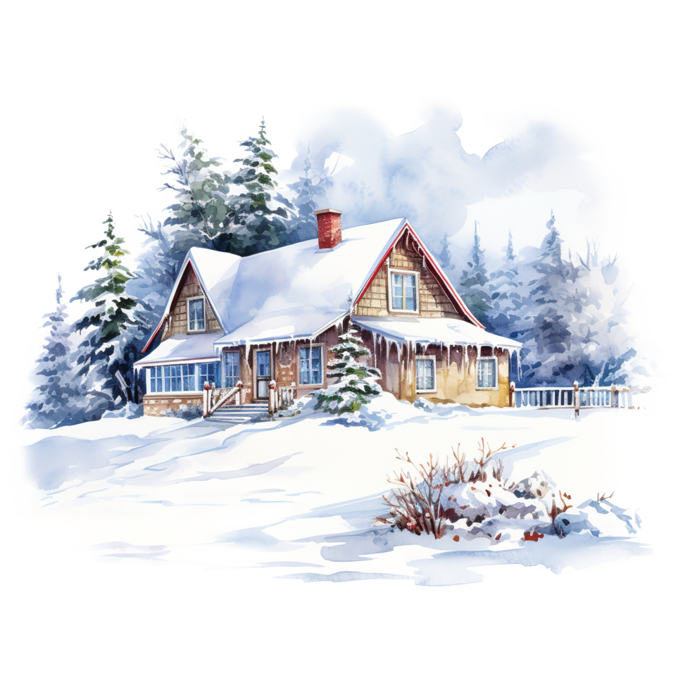 AI generated House on Snow Field For Christmas Event. Watercolor Style. AI Generated png