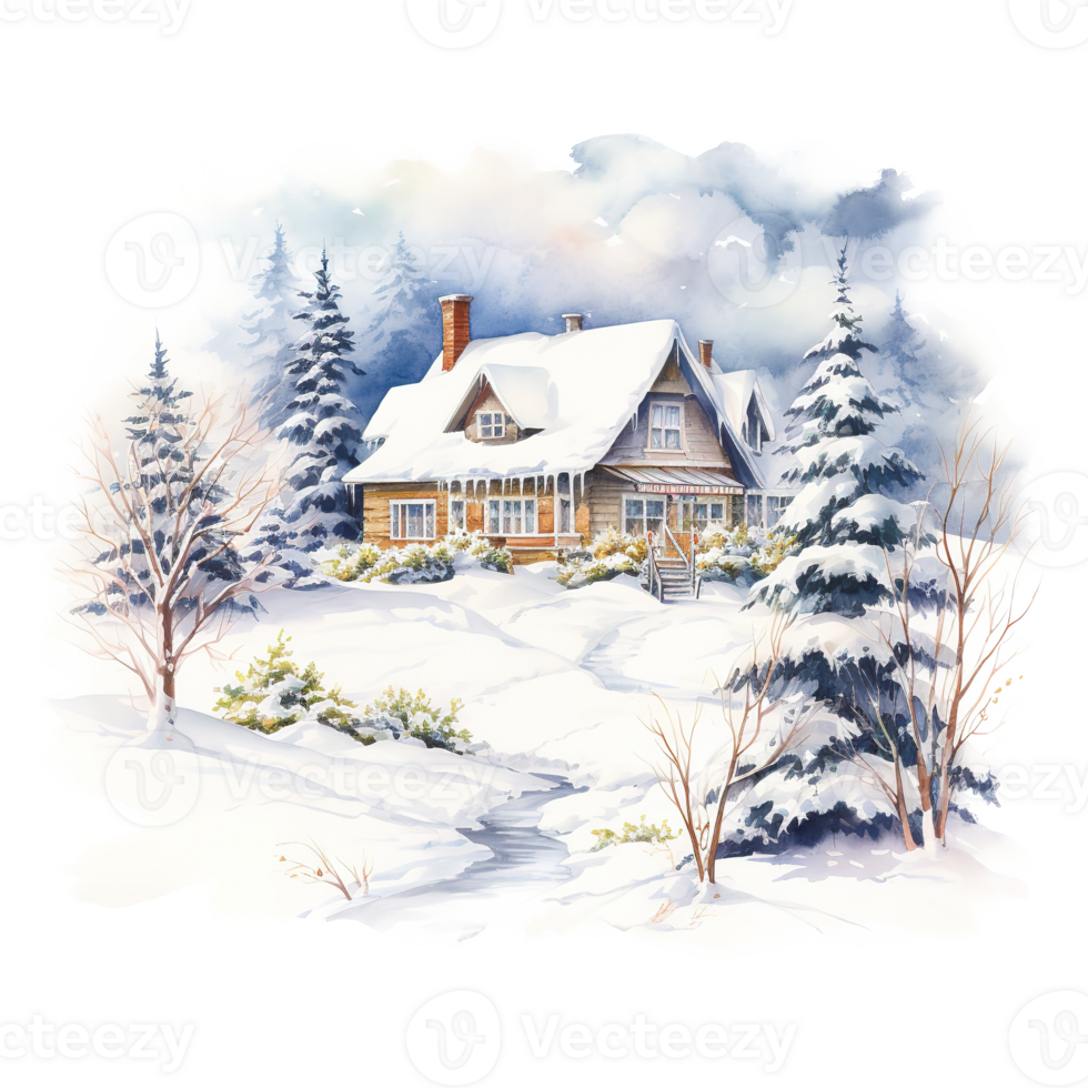 AI generated House on Snow Field For Christmas Event. Watercolor Style. AI Generated png