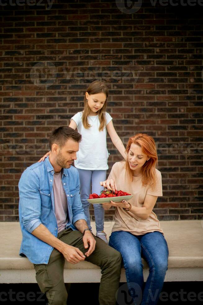 Family with a mother, father and daughter sitting outside on steps of a front porch of a brick house and eating strawberries photo