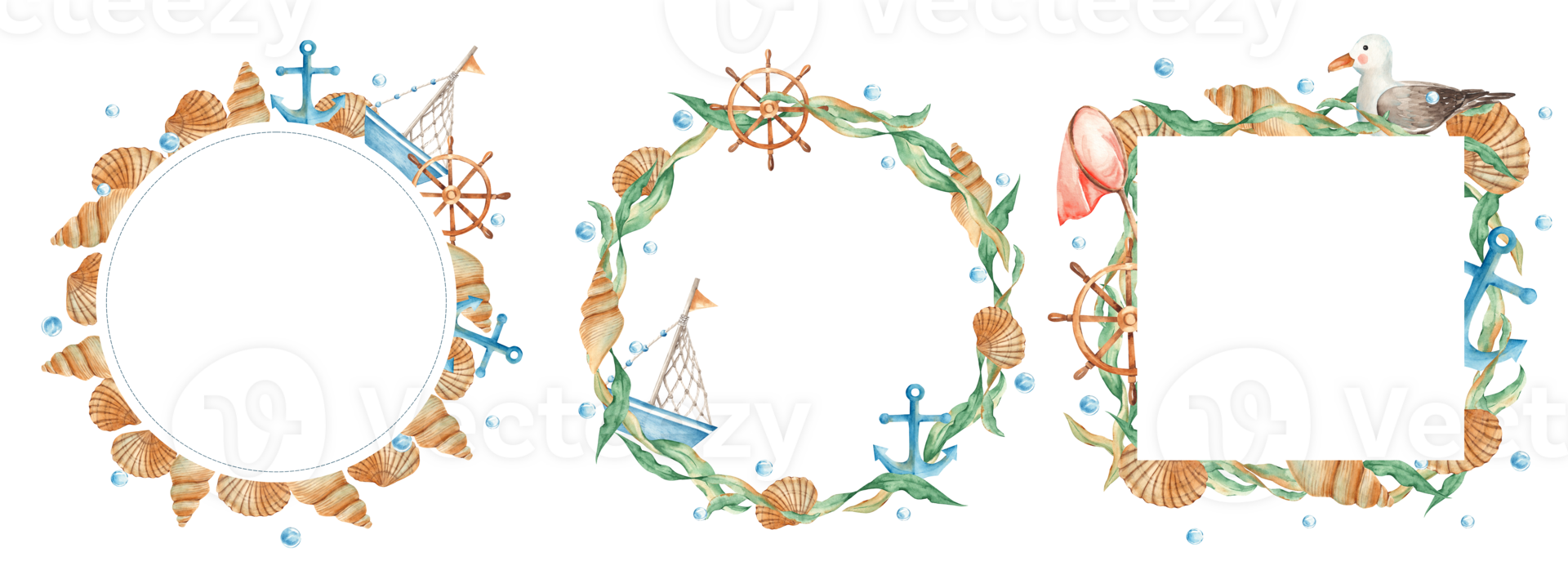 Set of sea circle and square frames. Wreaths with cute watercolor ship, boat with wooden steering wheel and nautical anchor. Seagull and seashells. Seaweeds and water bubbles. Marine design. png