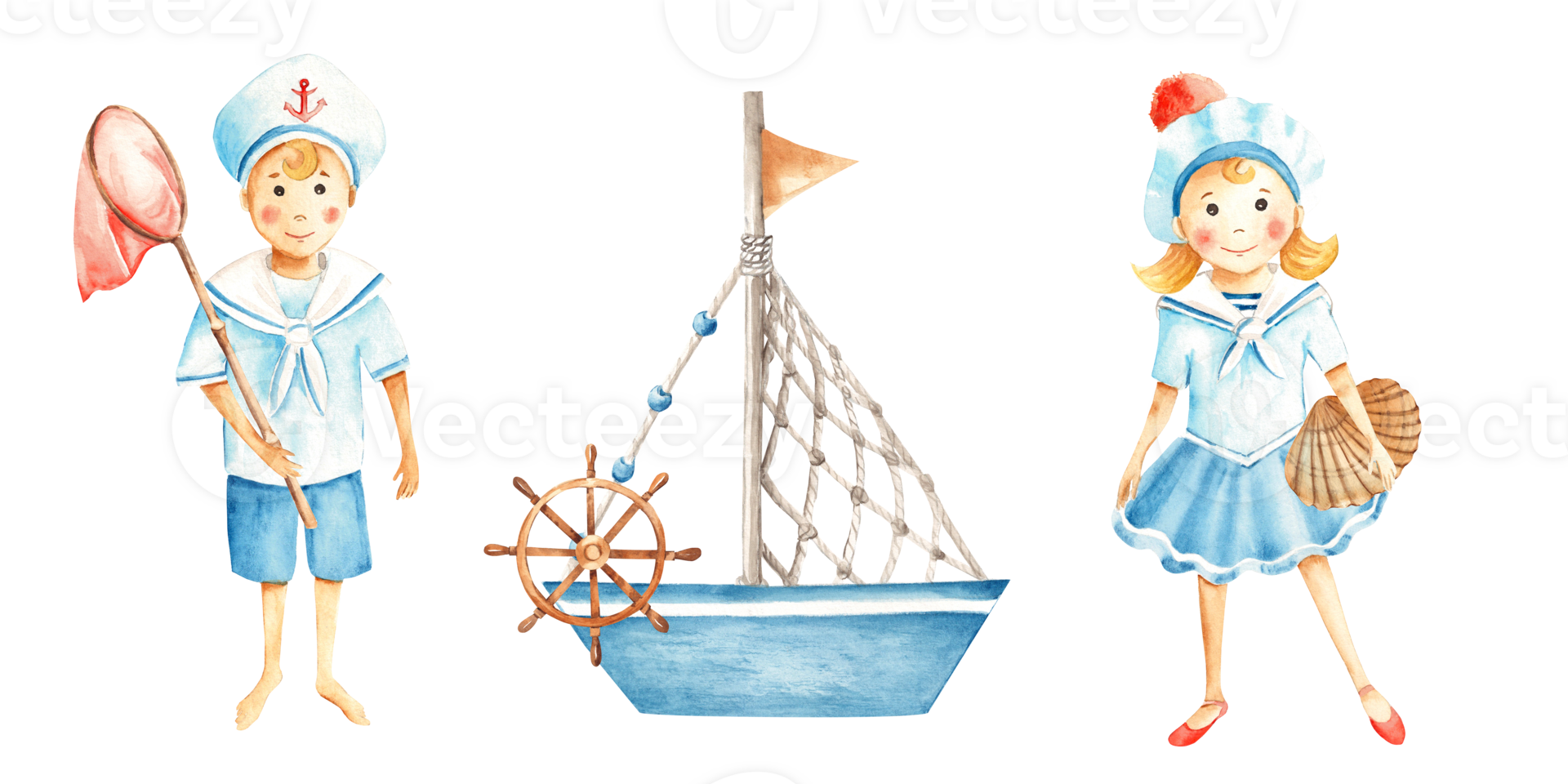 reeks van waterverf zee composities. schattig weinig matroos jongen en meisje in marinier pakken met visvangst netto, schelp en speelgoed- boot. marinier illustratie voor kinderen. hand- geschilderd. voor kinderen kaarten, posters png