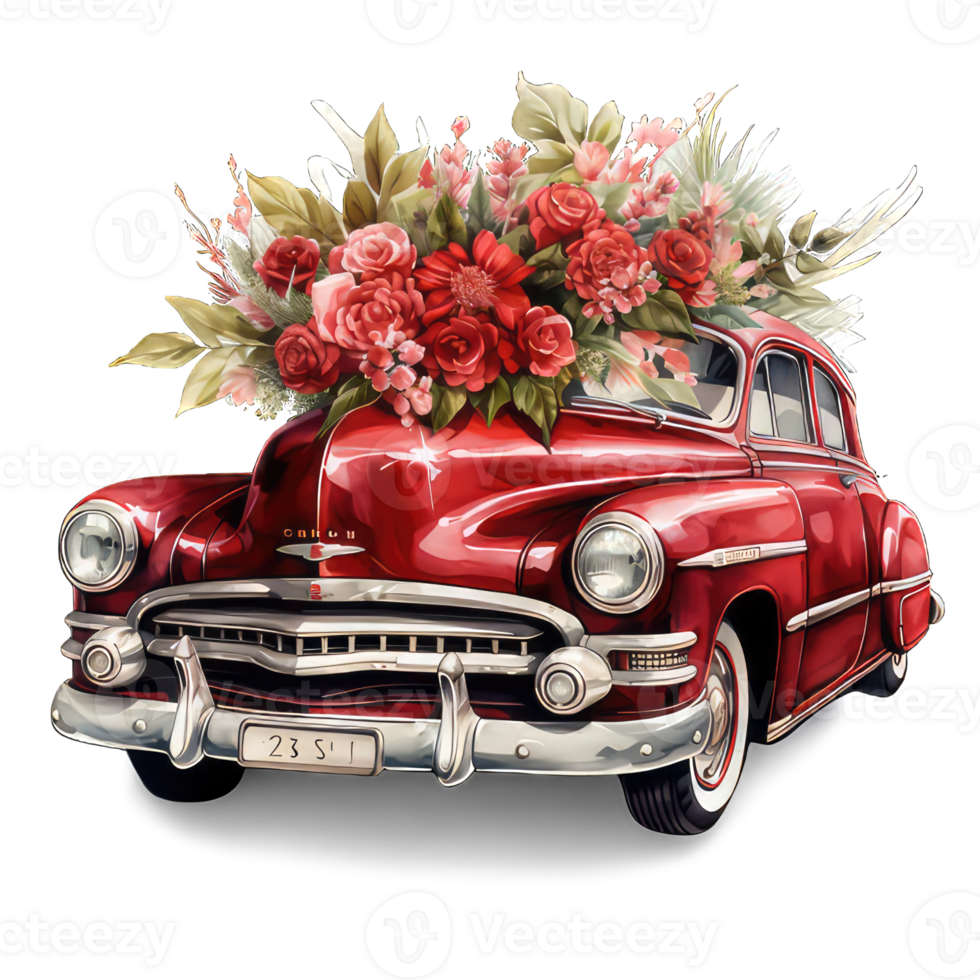 AI generated Retro car toy with red roses flowers with transparent background png