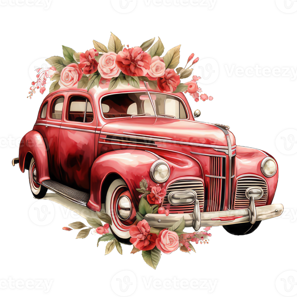 ai gegenereerd retro auto speelgoed- met rood rozen bloemen met transparant achtergrond png