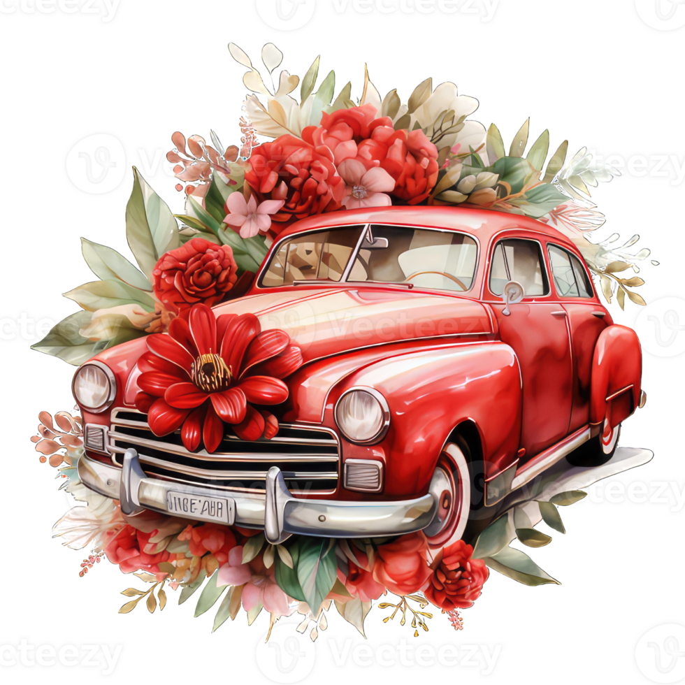 AI generated Retro car toy with red roses flowers with transparent background png