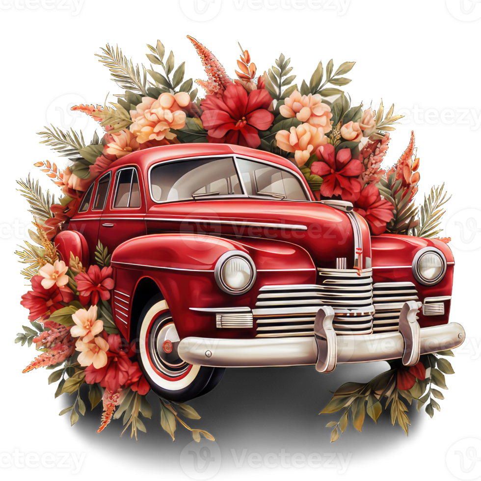 AI generated Retro car toy with red roses flowers with transparent background png