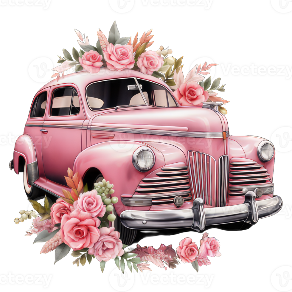 AI generated Retro car toy with red roses flowers with transparent background png