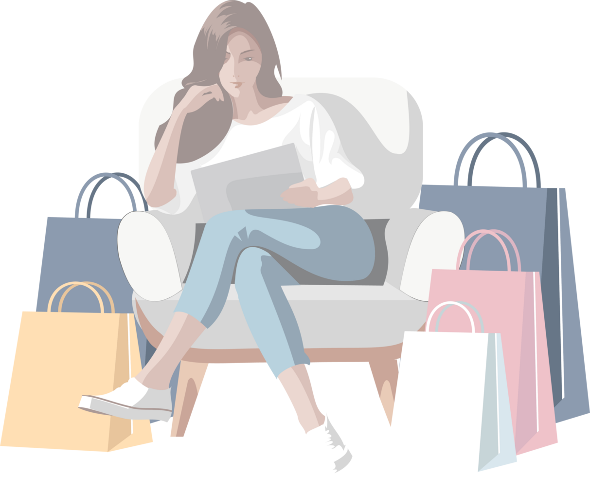 A girl is sitting on the sofa, browsing her tablet. Next to her is a group of shopping bags and packages of goods. png