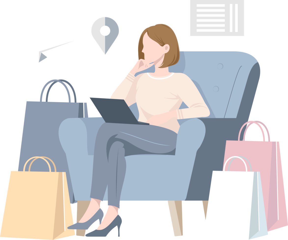 A girl is sitting on the sofa, browsing her tablet. Next to her is a group of shopping bags and packages of goods. png