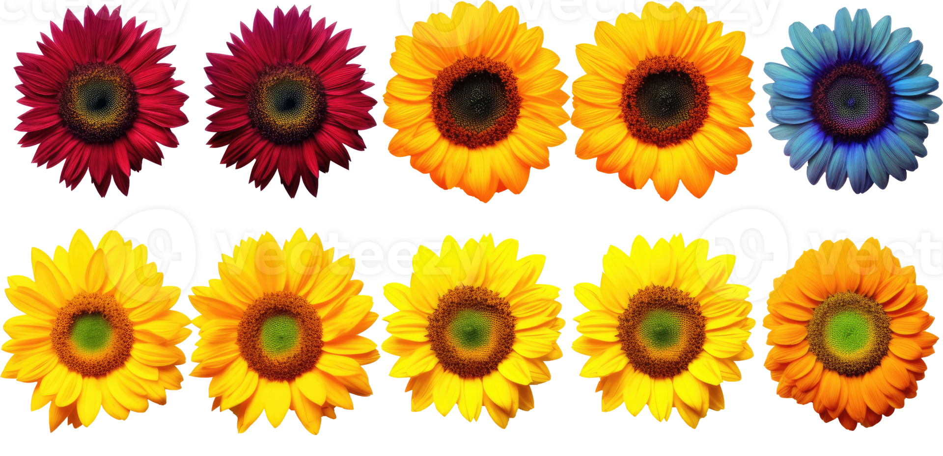 ai generiert einstellen von Sonnenblumen Schuss von über im verschiedene Farben isoliert auf transparent Hintergrund. png