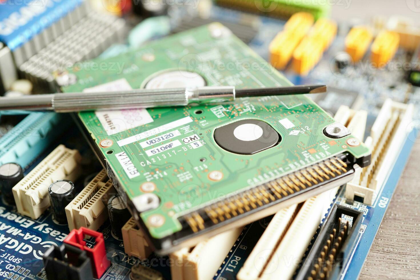 Repairing and upgrade circuit mainboard of notebook, electronic, computer hardware and technology concept. photo