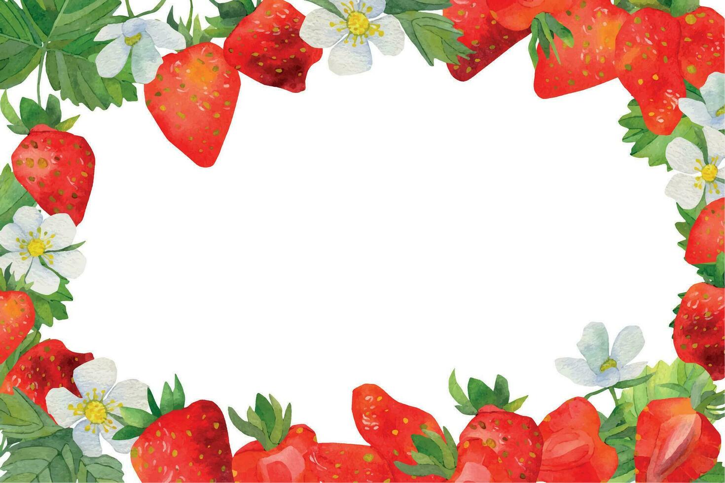 Frame of red strawberries with green leaves watercolor. White strawberry flowers, a text frame highlighted on a white background. Summer berries, a print for printing on postcards vector