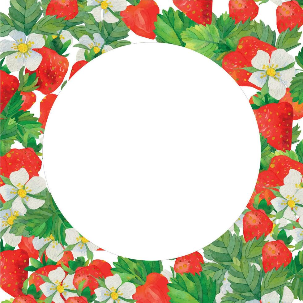 acuarela redondo marco con fresas destacado en un blanco antecedentes. verano bayas, un impresión para impresión en postales vector