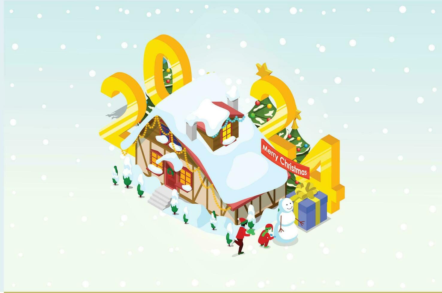 Isometric illustration Christmas and New year design concept. People Celebrates Christmas and New Year with Christmas tree, gift boxes and Snowman. Suitable for Infographics and Book Illustration vector