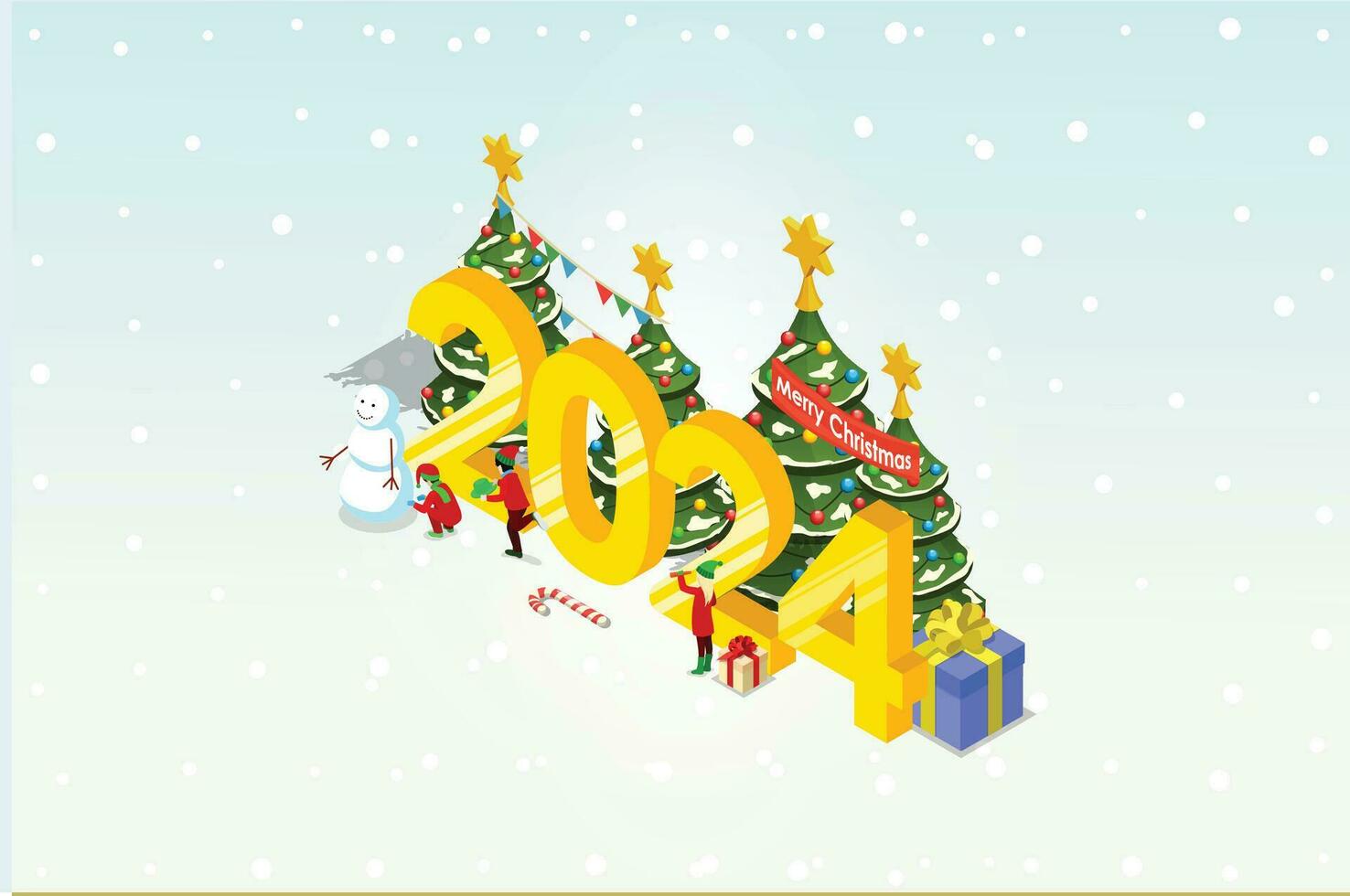 isométrica ilustración Navidad y nuevo año diseño concepto. personas celebra Navidad y nuevo año con Navidad árbol, regalo cajas y muñeco de nieve. adecuado para infografia y libro ilustración vector