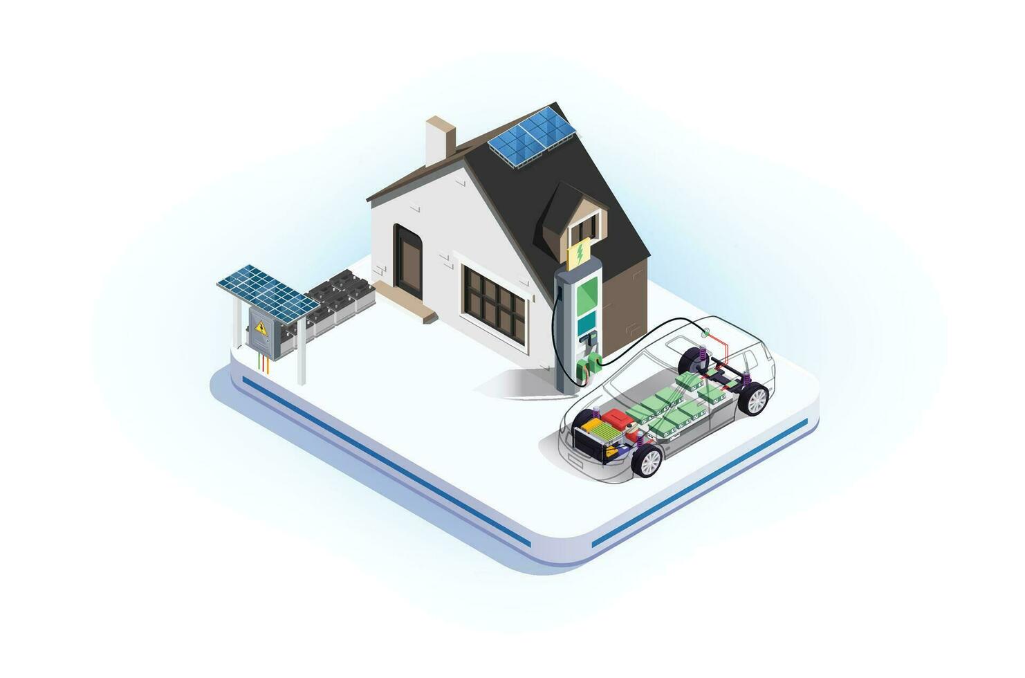 moderno isométrica ilustración de cargando un eléctrico coche batería a hogar utilizando solar paneles, adecuado para diagramas, infografia y otro gráfico relacionado bienes vector