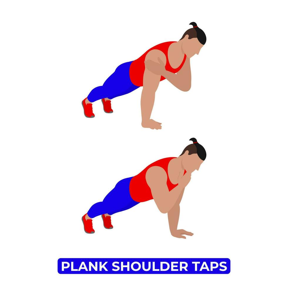 Vector Man Doing Plank Shoulder Taps. Bodyweight Fitness Arm Workout Exercise. An Educational Illustration On A White Background.