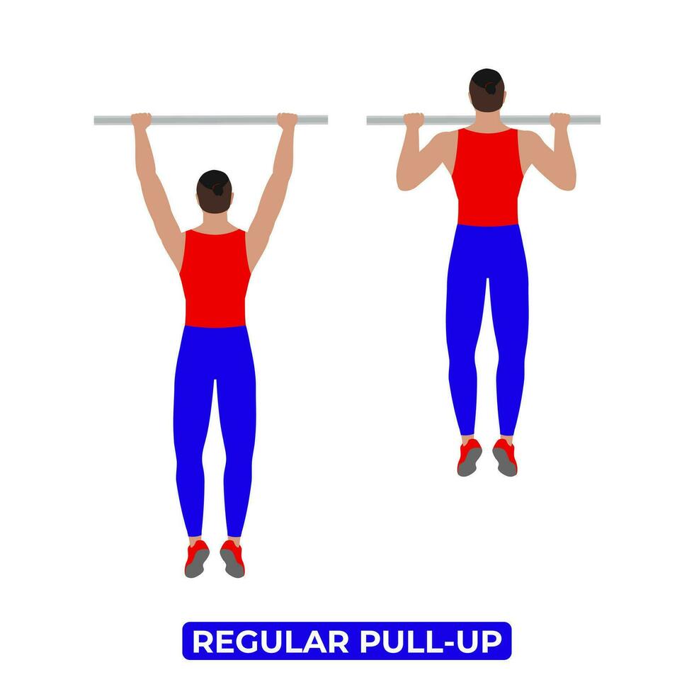 Vector Man Doing Regular Pull Up. Bodyweight Fitness Back Workout Exercise. An Educational Illustration On A White Background.