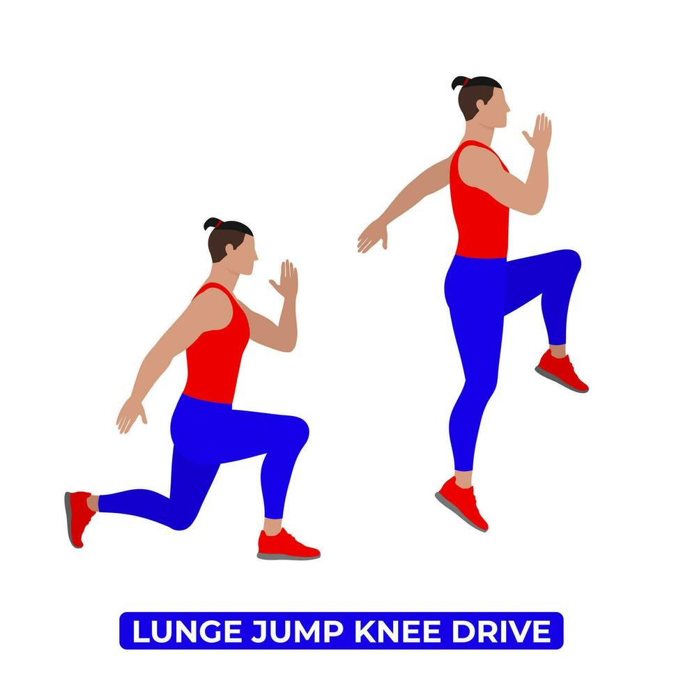 Vector Man Doing Lunge Jump Knee Drive. Bodyweight Fitness Legs Cardio Exercise. An Educational Illustration On A White Background.