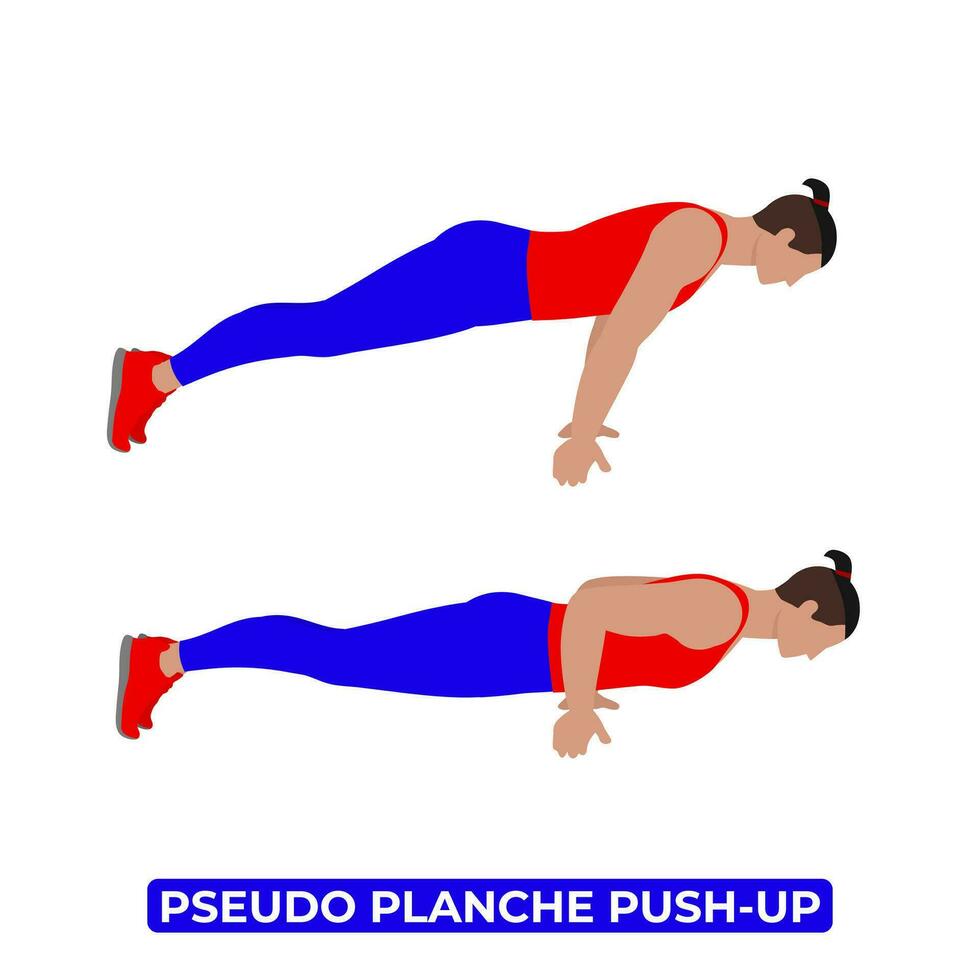 Vector Man Doing Pseudo Planche Push Up. Bodyweight Fitness Chest Workout Exercise. An Educational Illustration On A White Background.