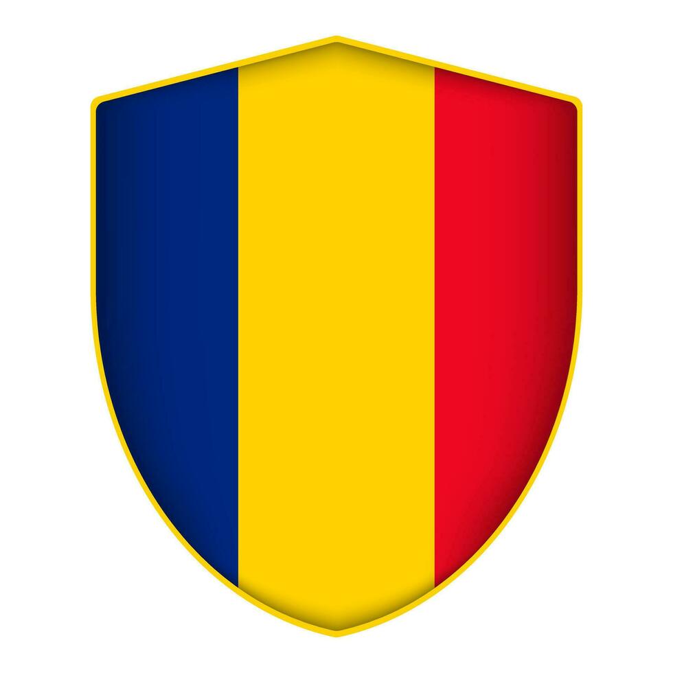 Romania flag in shield shape. Vector illustration.