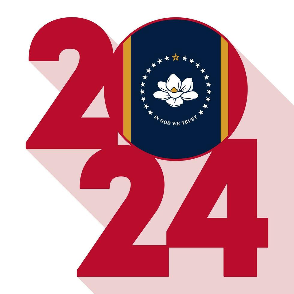 2024 long shadow banner with Mississippi state flag inside. Vector illustration.