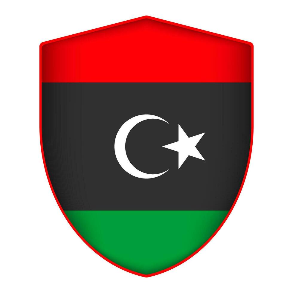 Libya flag in shield shape. Vector illustration.
